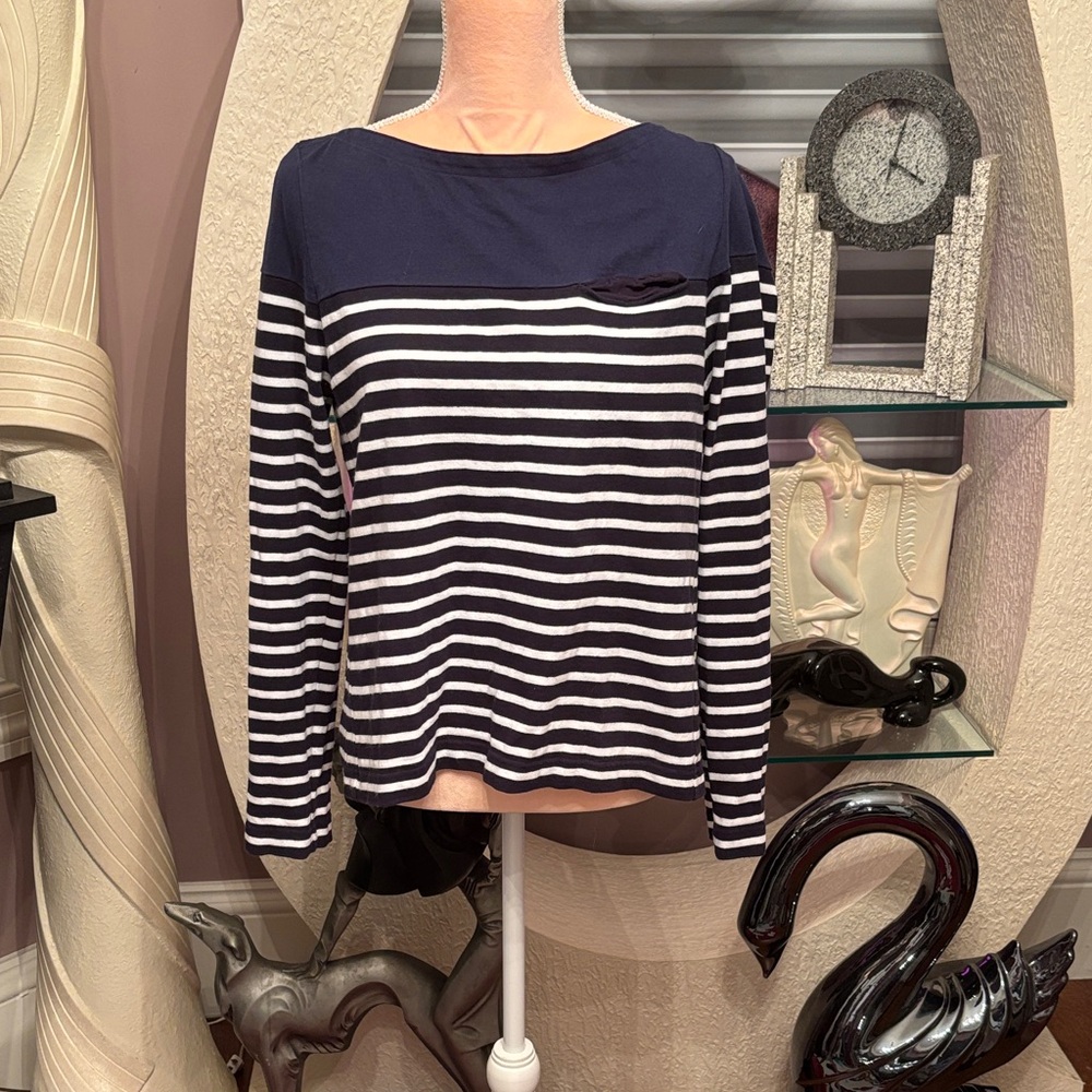 sacai Navy and White Striped Long-Sleeve Top